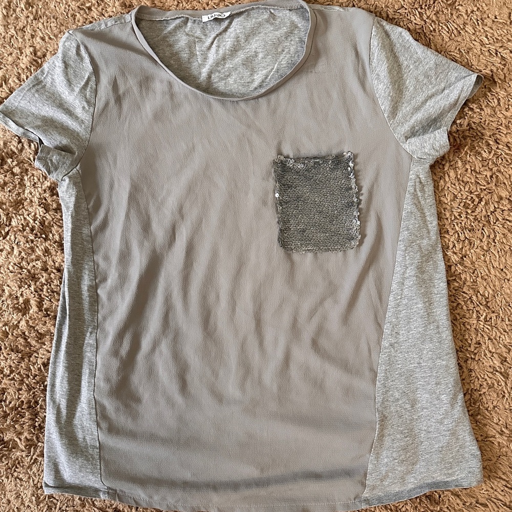 grey Liu Jo shirt that has a sequenced pocket!